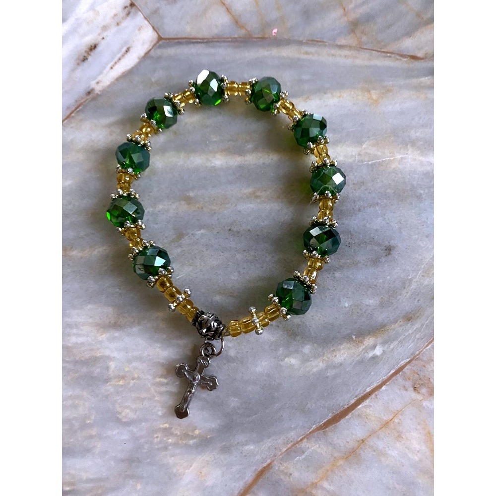 Emerald Green and Amber Crystal Beaded Rosary Bracelet with Crucifix Charm